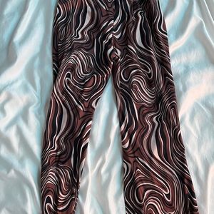 brown, white flared patterned pants